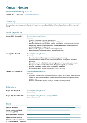 Chemistry Laboratory Assistant Resume Sample and Template
