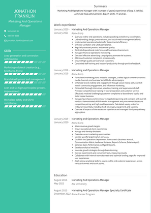 Marketing And Operations Manager Resume Sample and Template