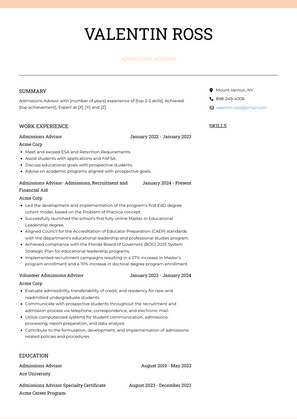 Admissions Advisor Resume Sample and Template