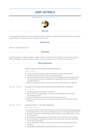 Student Supervisor Of The Telecounseling Department Resume Sample and Template
