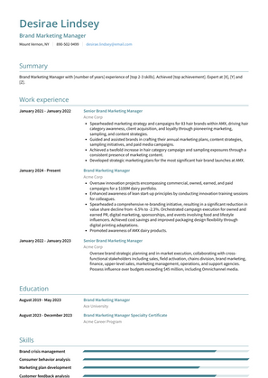 Brand Marketing Manager Resume Sample and Template