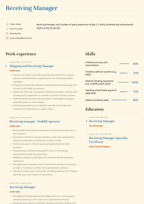 Receiving Manager Resume Sample and Template