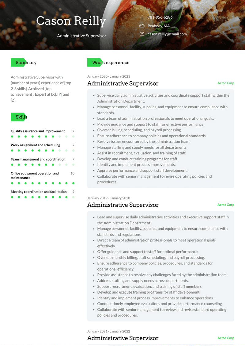 Administrative Supervisor Resume Sample and Template