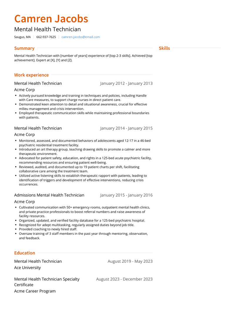 Mental Health Technician Resume Sample and Template