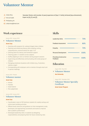 Volunteer Mentor Resume Sample and Template