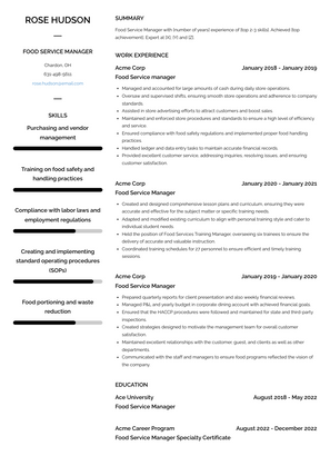 Food Service Manager Resume Sample and Template