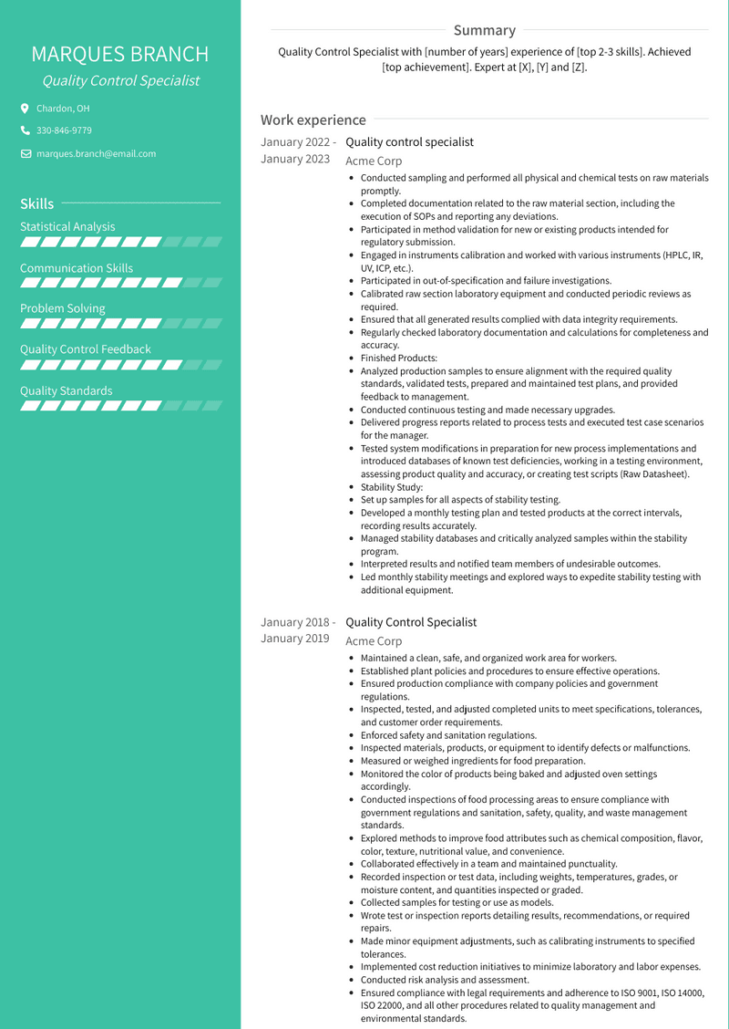 Quality Control Specialist Resume Sample and Template