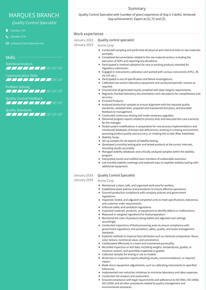Quality Control Specialist Resume Sample and Template