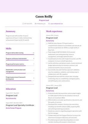 Program Lead Resume Sample and Template