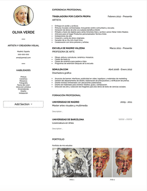 Plantilla y ejemplo de Artista CV