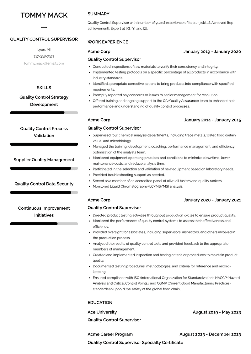 Quality Control Supervisor Resume Sample and Template