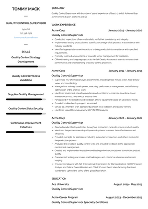 Quality Control Supervisor Resume Sample and Template