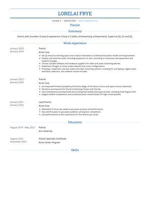 Pianist Resume Sample and Template