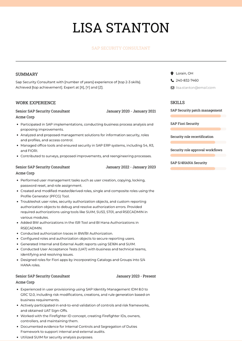 Sap Security Consultant Resume Sample and Template