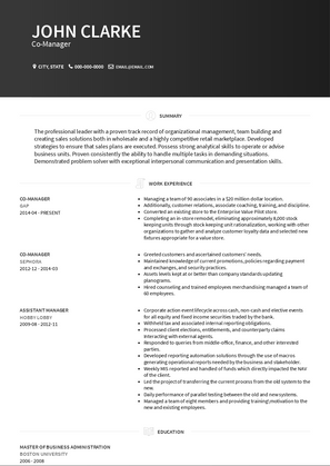 Co-Manager Resume Sample and Template