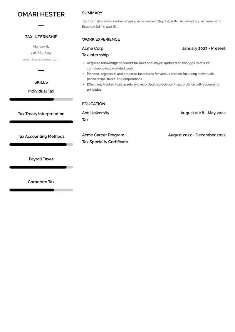 Tax Internship Resume Sample and Template