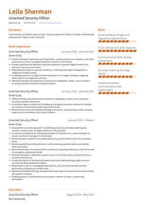 Unarmed Security Officer Resume Sample and Template