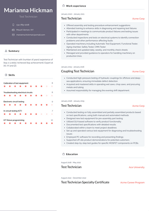 Test Technician Resume Sample and Template