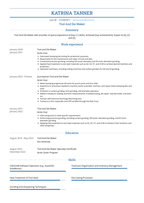 Tool And Die Maker Resume Sample and Template