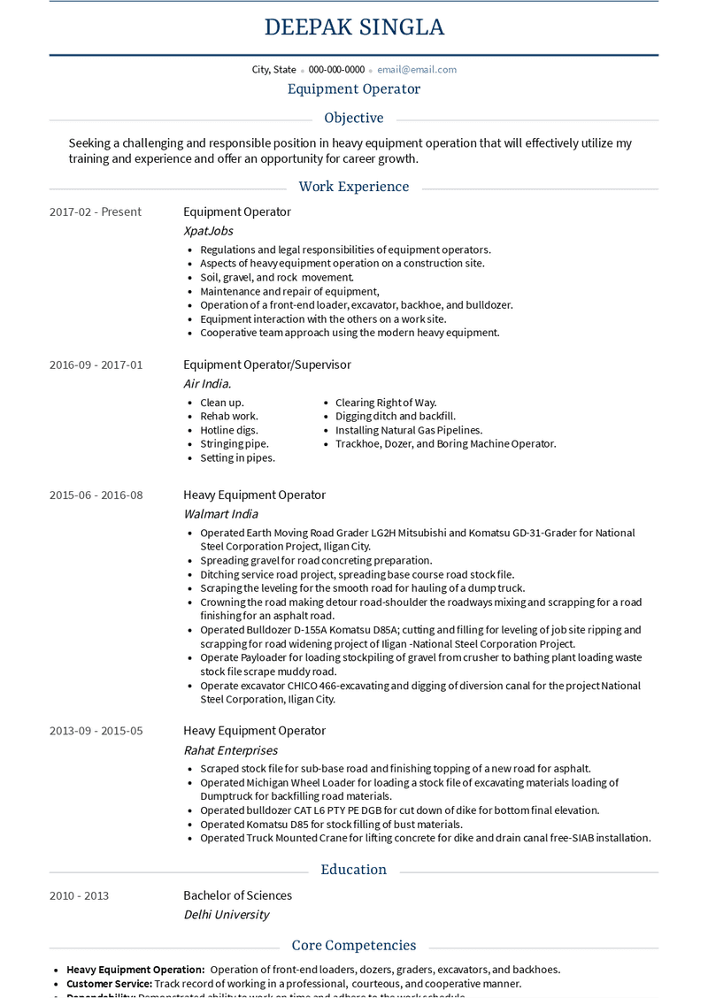 Equipment Operator Resume Sample and Template