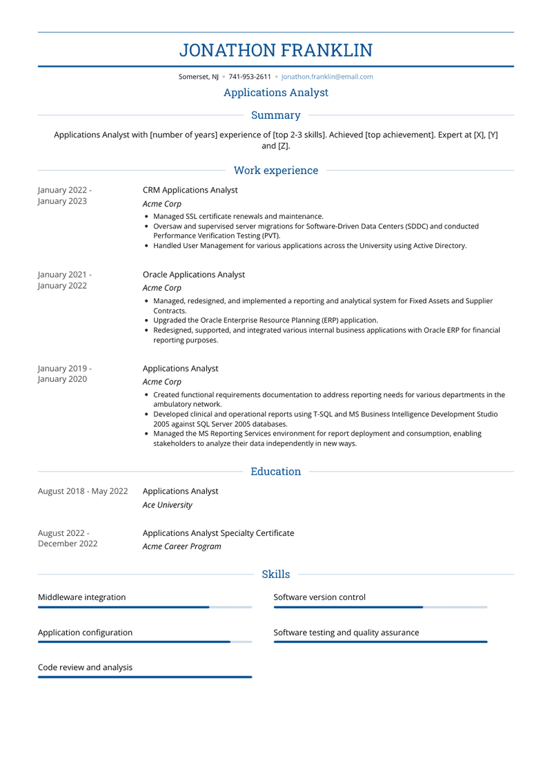 Applications Analyst Resume Sample and Template