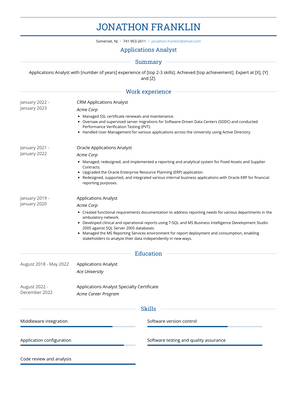 Applications Analyst Resume Sample and Template