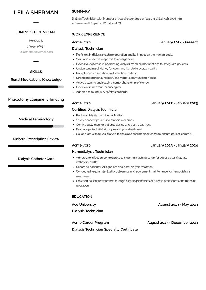 Dialysis Technician Resume Sample and Template