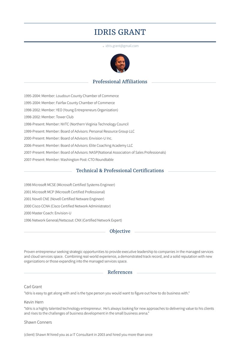 Chairman | Co Founder Resume Sample and Template