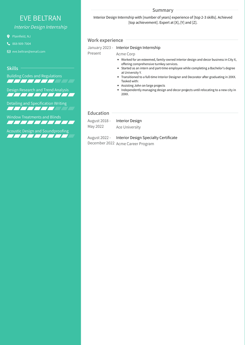 Interior Design Internship Resume Sample and Template