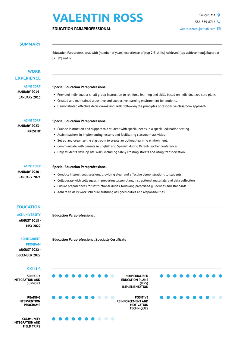 Education Paraprofessional Resume Sample and Template