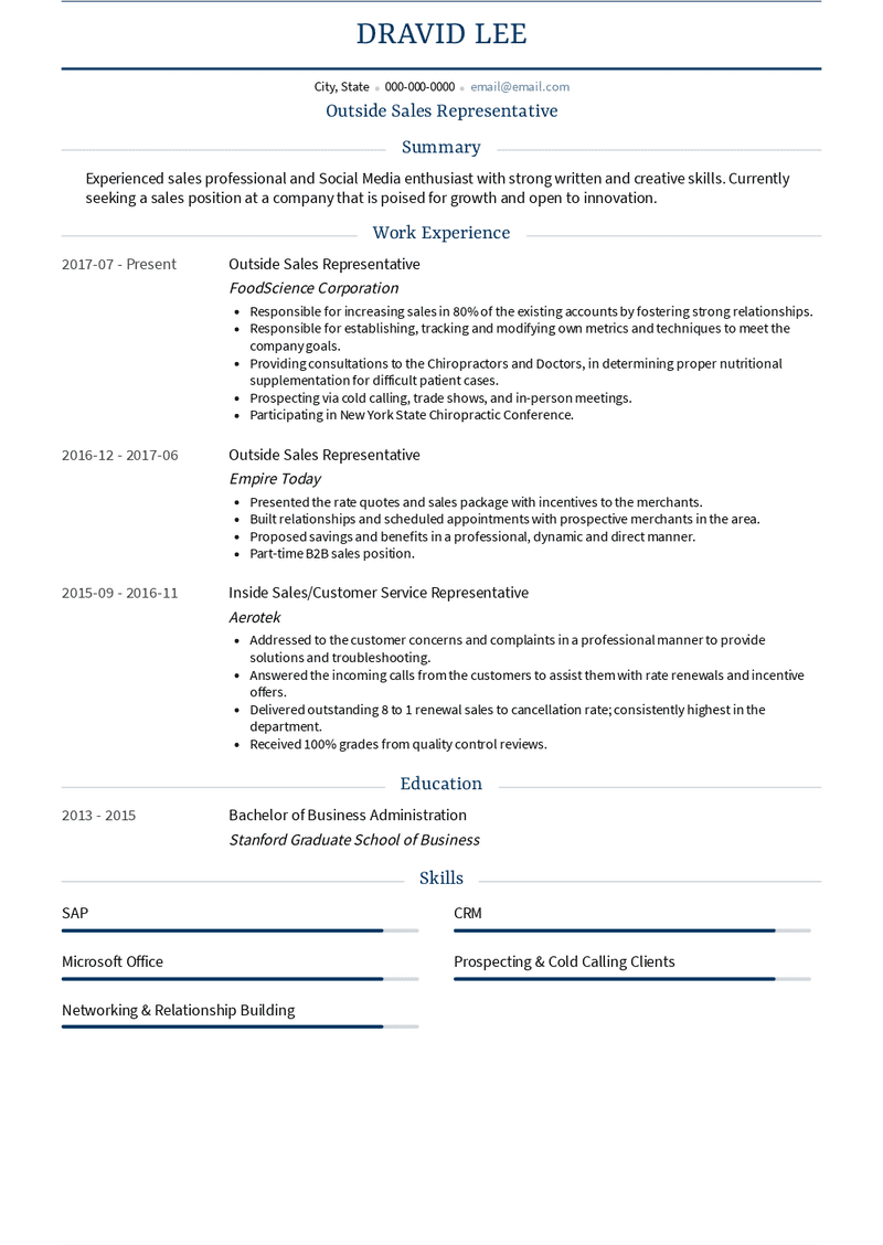 Outside Sales Representative Resume Sample and Template
