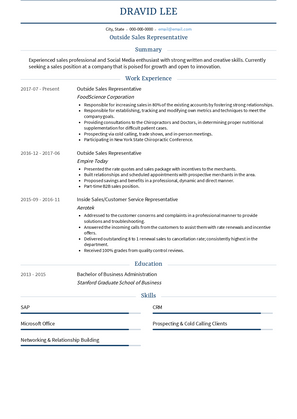 Outside Sales Representative Resume Sample and Template