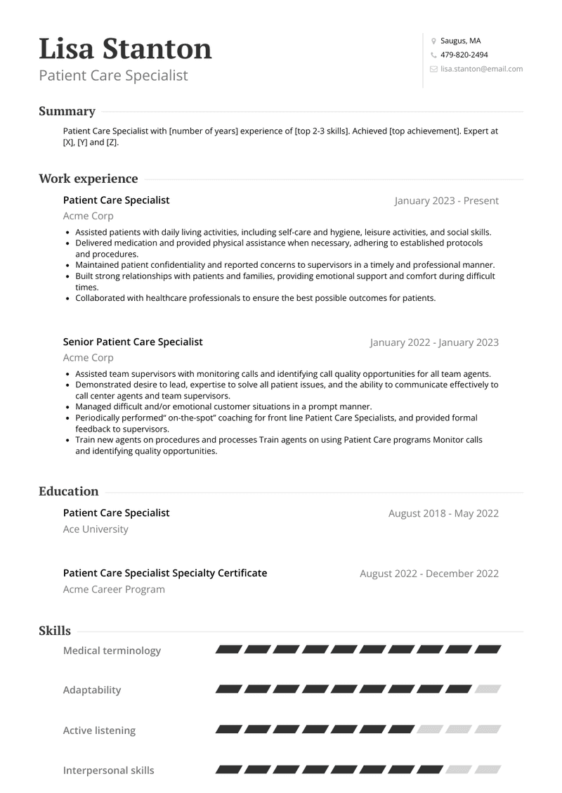 Patient Care Specialist Resume Sample and Template