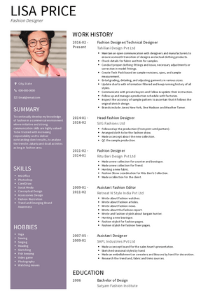 Fashion Designer/Technical Designer Resume Sample and Template