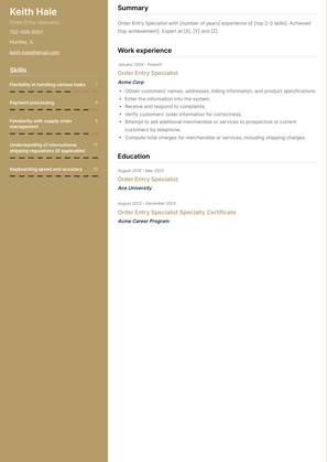 Order Entry Specialist Resume Sample and Template