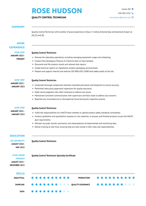 Quality Control Technician Resume Sample and Template