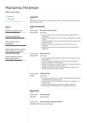 Office Specialist Resume Sample and Template