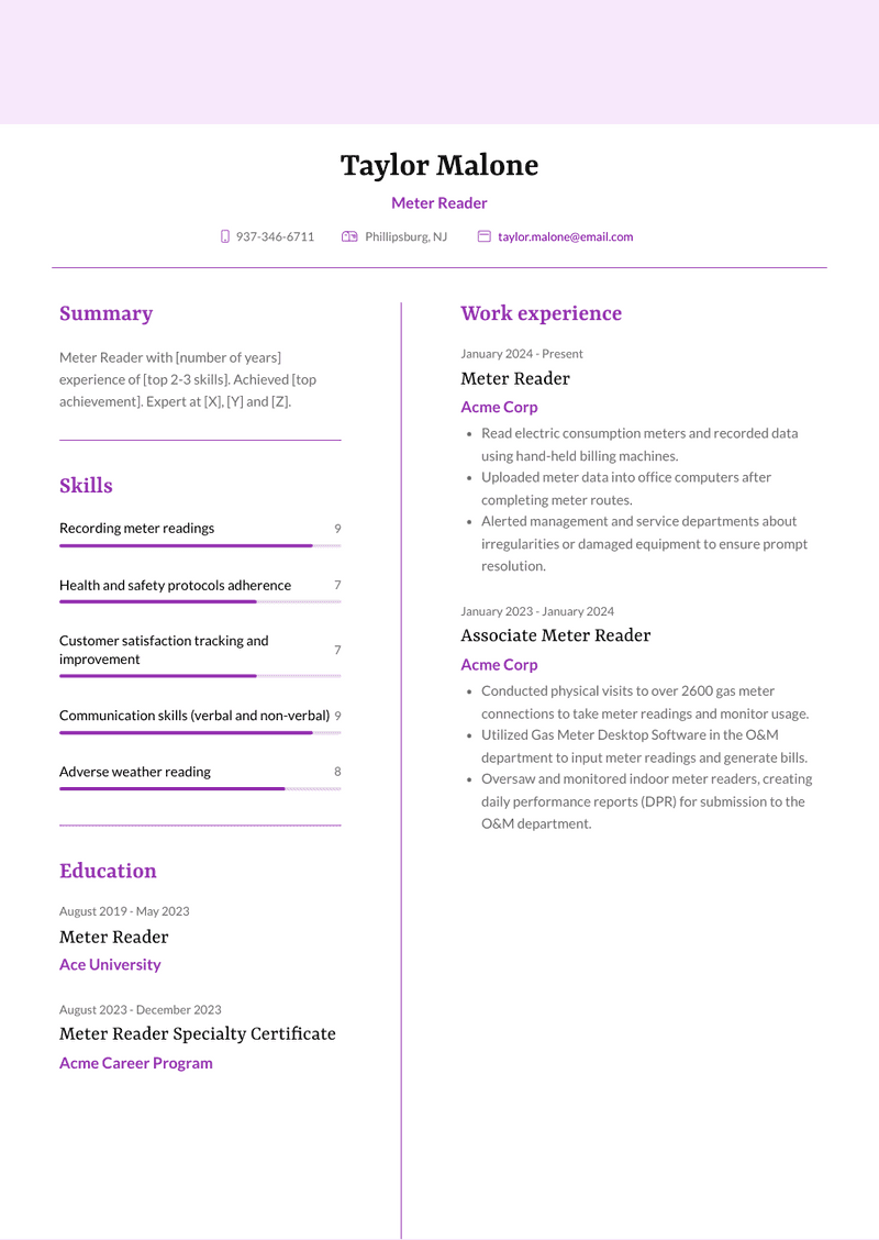 Meter Reader Resume Sample and Template