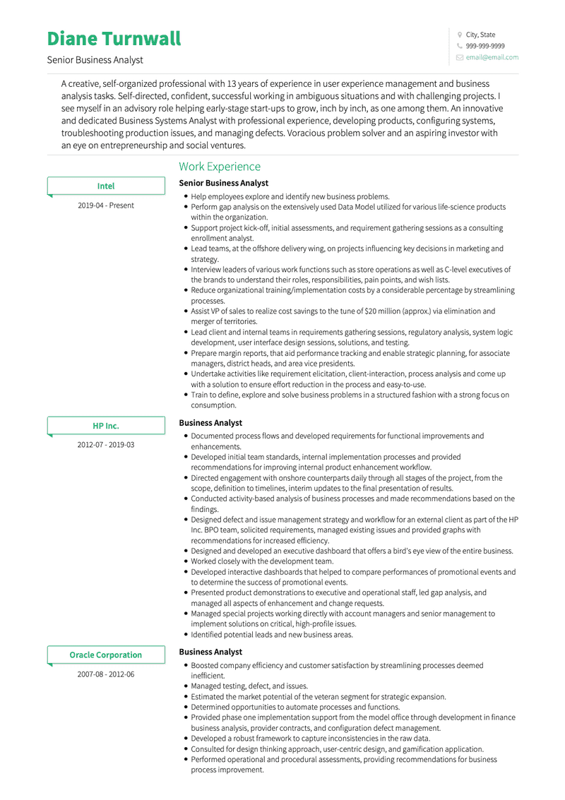 Senior Business Analyst CV Example and Template