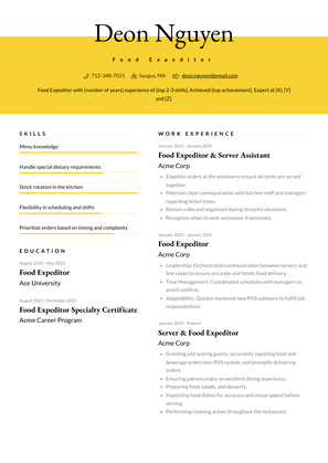 Food Expeditor Resume Sample and Template