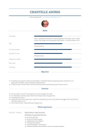 Debt Collector /Legal Secretary Resume Sample and Template