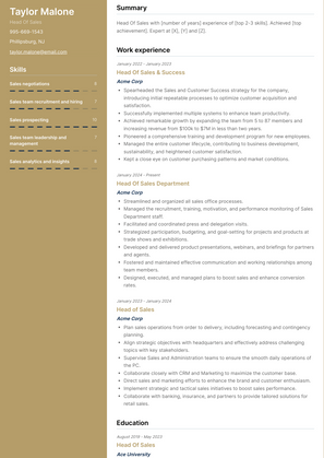 Head Of Sales Resume Sample and Template