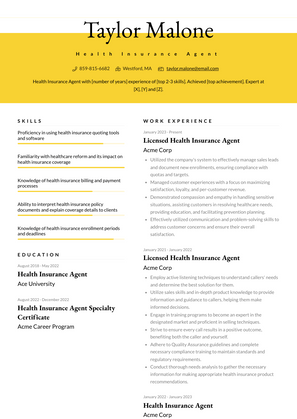 Health Insurance Agent Resume Sample and Template