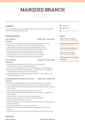 Unit Coordinator Resume Sample and Template