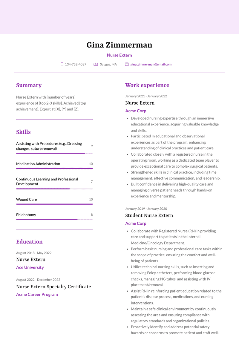 Nurse Extern Resume Sample and Template