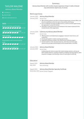 Advisory Board Member Resume Sample and Template
