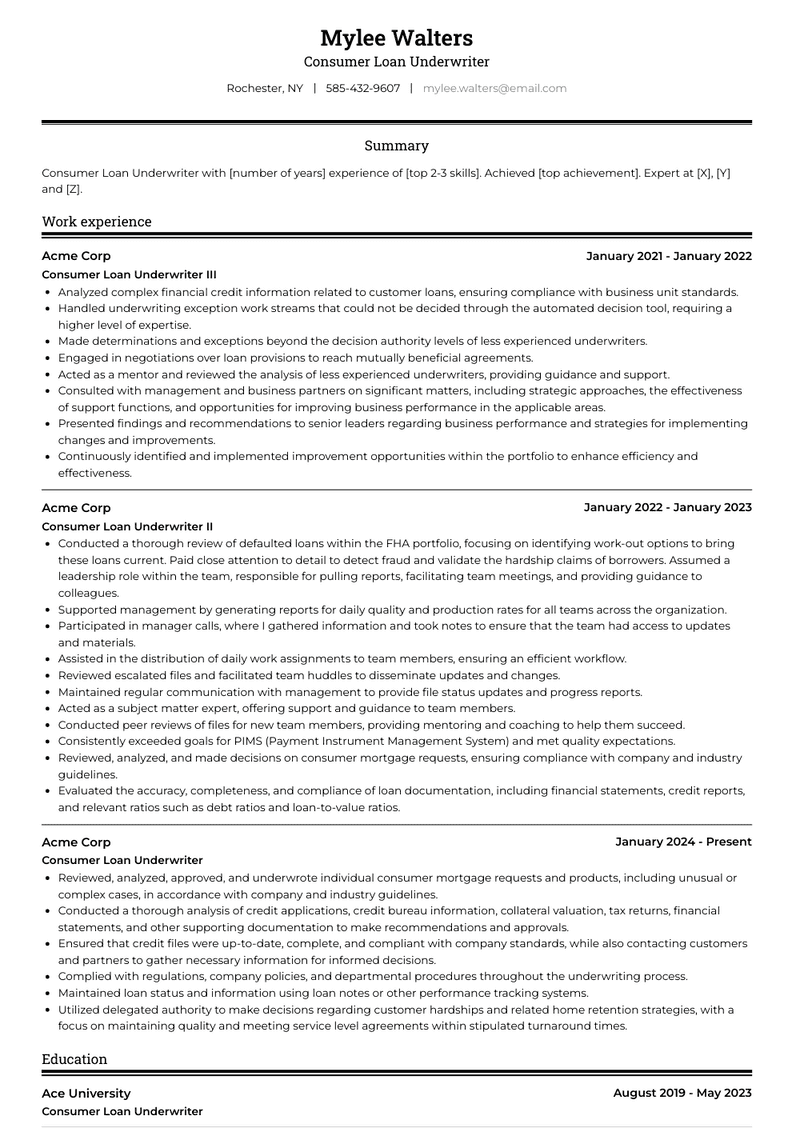 Consumer Loan Underwriter Resume Sample and Template