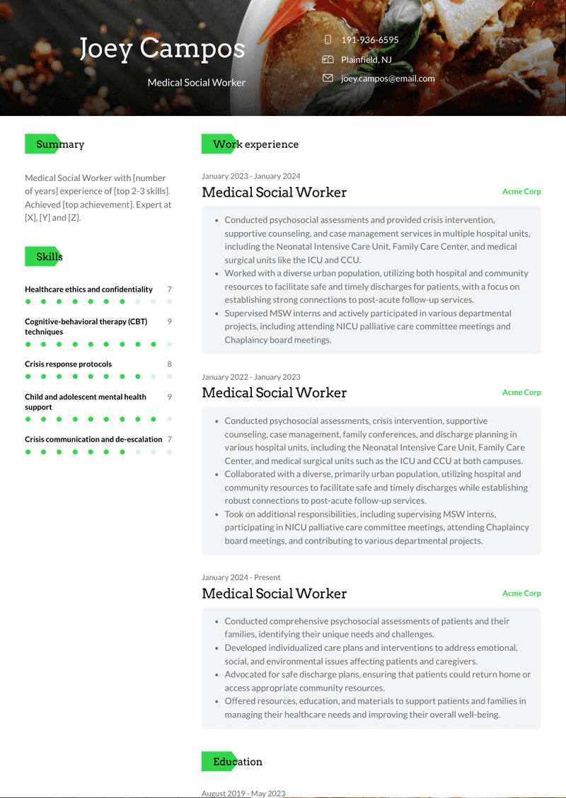 Medical Social Worker Resume Sample and Template