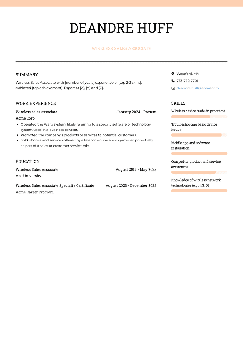 Wireless Sales Associate Resume Sample and Template