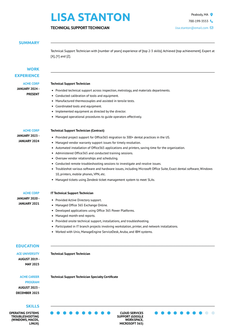 Technical Support Technician Resume Sample and Template